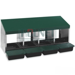 Czterokomorowe gniazdo dla niosek z plastikową podłogą i pojemnikiem na jajka – gniazdo nieśne 4-stanowiskowe