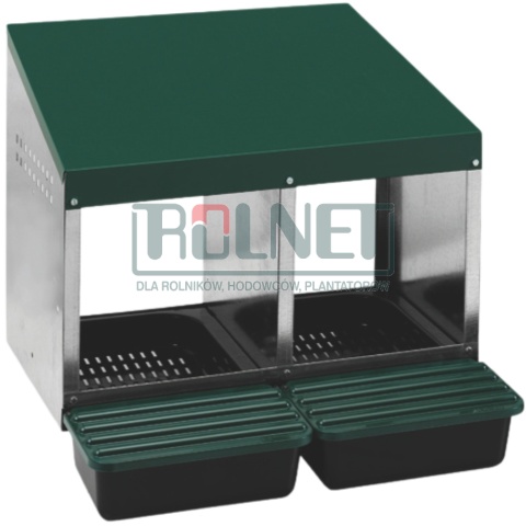 Dwukomorowe gniazdo dla niosek z plastikową podłogą i pojemnikiem na jajka