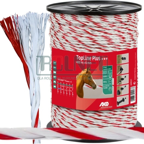Linka ogrodzeniowa AKO TopLine Plus 6 mm 400 m – biało-czerwona Super mocna