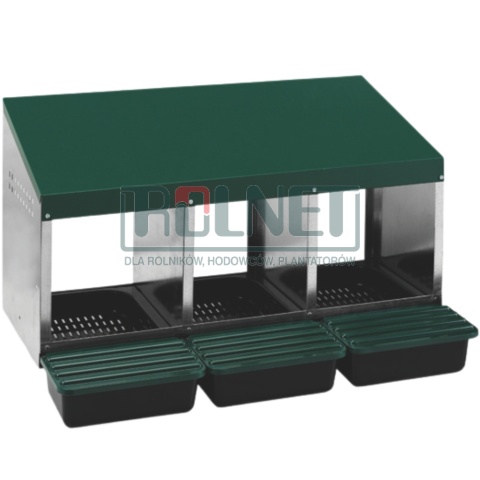 Trzykomorowe gniazdo dla niosek z plastikową podłogą i pojemnikiem na jajka