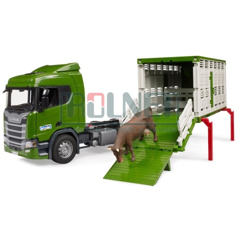 Ciężarówka Scania Super 560R do transportu bydła BRUDER 03548 z kontenerem i jedną sztuką bydła