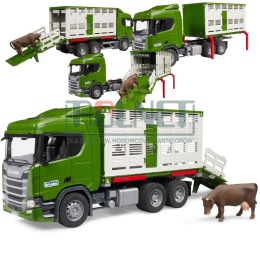 Ciężarówka Scania Super 560R do transportu bydła BRUDER 03548 z kontenerem i jedną sztuką bydła