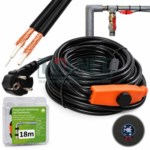 Przewód grzewczy z termostatem 18 m – kabel grzewczy do rur 230V, ochrona przed zamarzaniem do -45°C